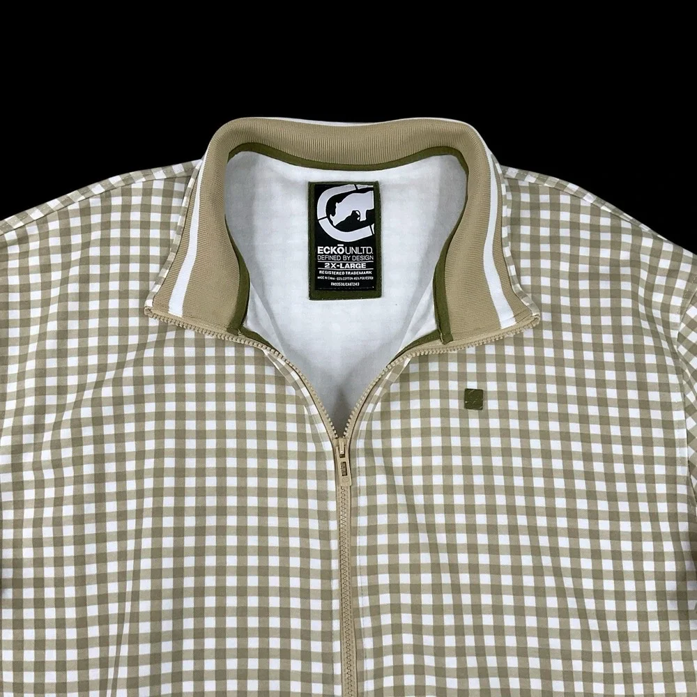 Ecko Unltd Jacket Men 2XL Long Sleeve Full Zip Beige White‎ Check